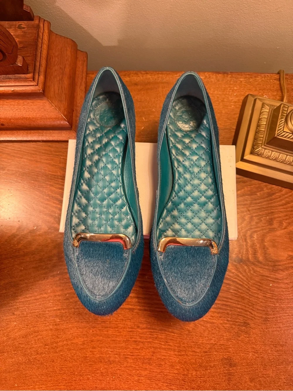 Tory Burch Teal Haircalf Leather Flats with Gold Bar Size 8